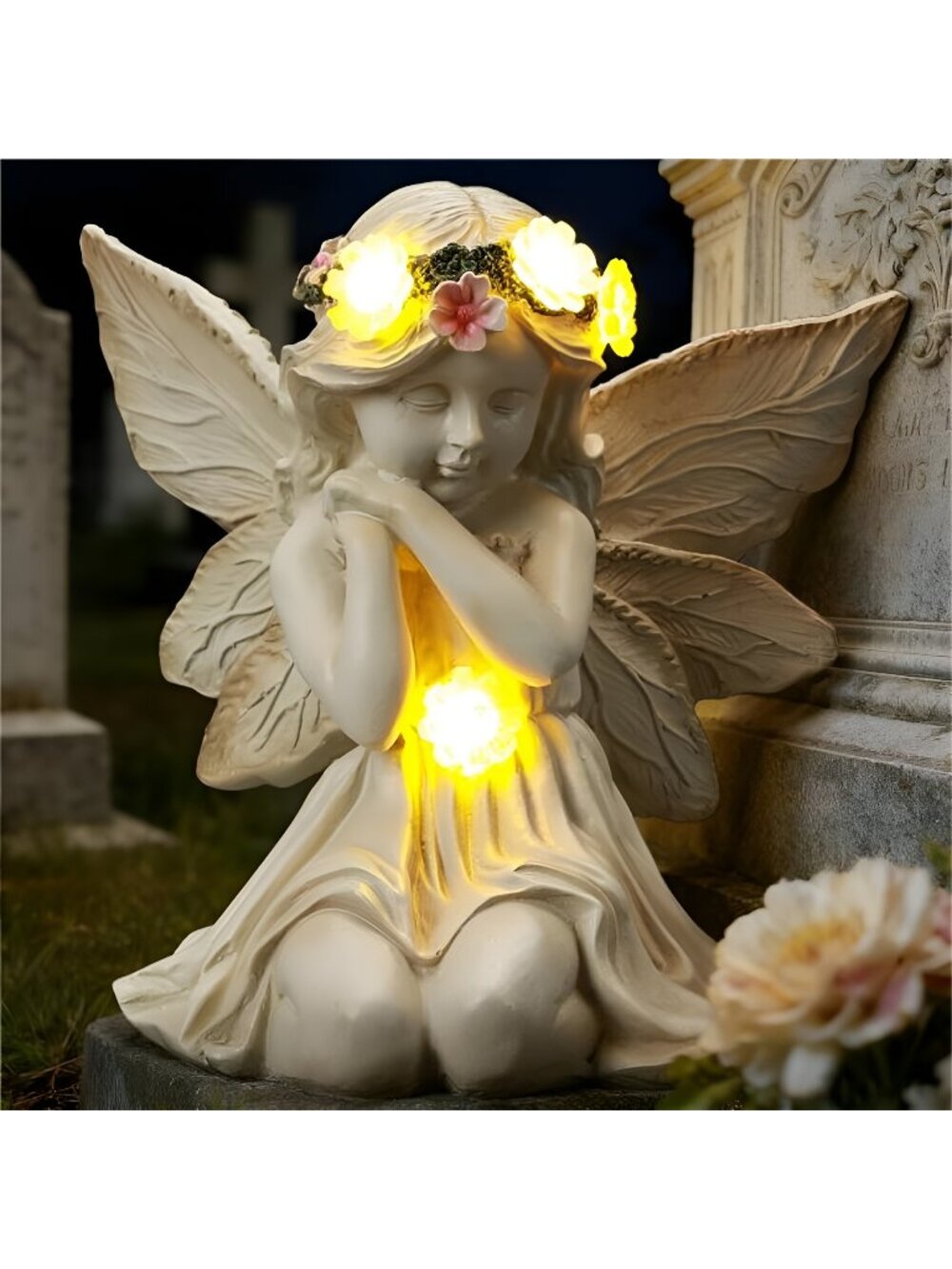 Solar Angel Garden Statue Outdoor Grave Decor, Angel Figurines with LED Light